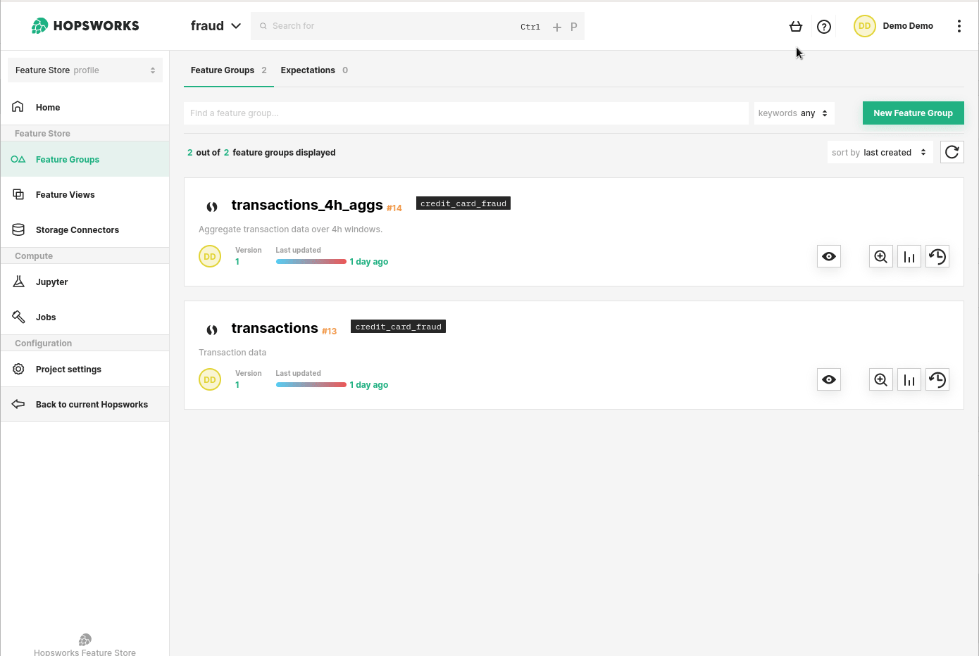 Feature Groups Hopsworks UI