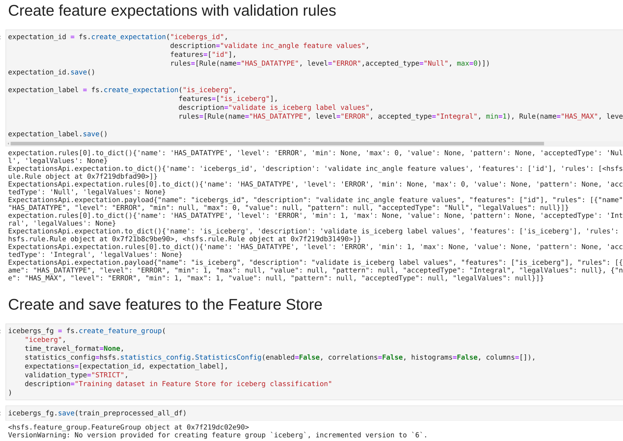Python code defining feature validation expectations