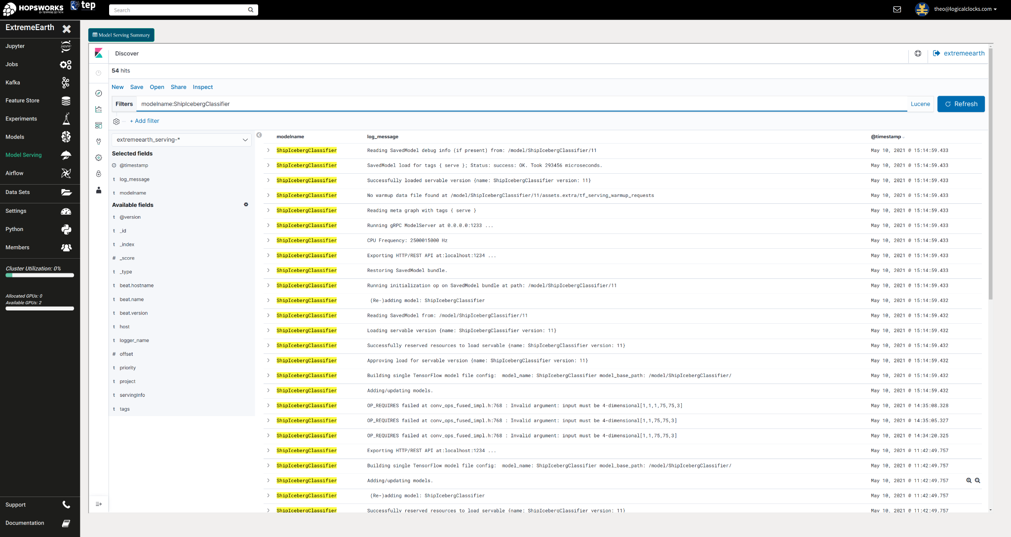 Model serving logs displayed in Kibana