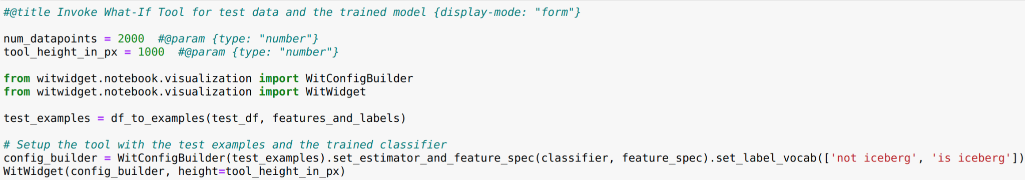 What-If tool code snippet for model analysis