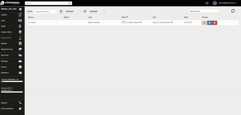 Hopsworks Experiments UI showing training run metadata