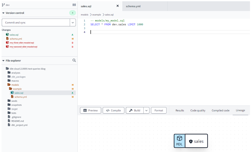 DBT interface showing project structure and lineage