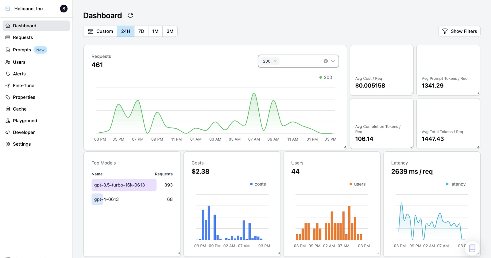 Helicone dashboard showing LLM prompt tracking and logging interface